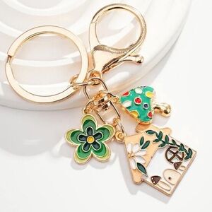 House Charm Keychain Golden Mushroom Plant Lover Flower Power Key fob Home Gift